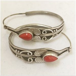 Sterling Silver 925 Coral Boho Hoop Earrings